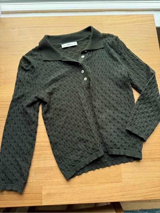 Zara Tops - Zara Dark Olive Forest Green Polo Knit Sweater Semi-Sheer Lightweight Academia